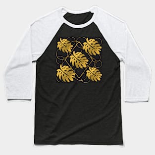 Golden Monstera Leaves Pattern on Black Baseball T-Shirt
